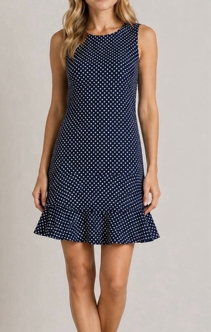 Bailey/44 Navy White Polka Dot Sheath Dress Round Neck Sleeveless Stretch 8